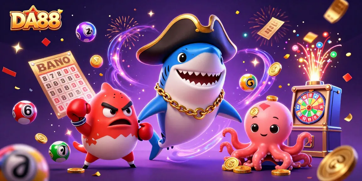 Engage with DA88's dynamic casino adventures featuring a shark pirate and friends amidst vibrant gaming elements.