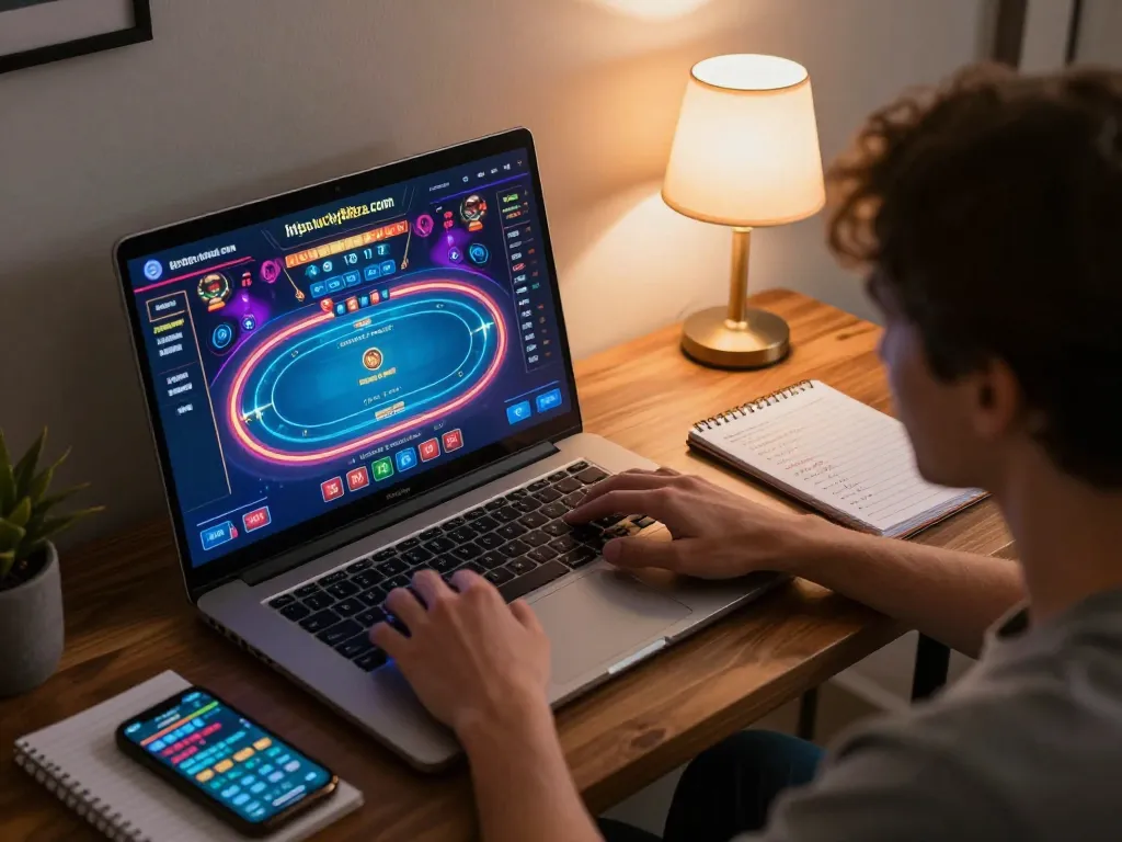 Engaging online poker gameplay screenshot from https://lucky88za.com/ with a person utilizing strategy notes.