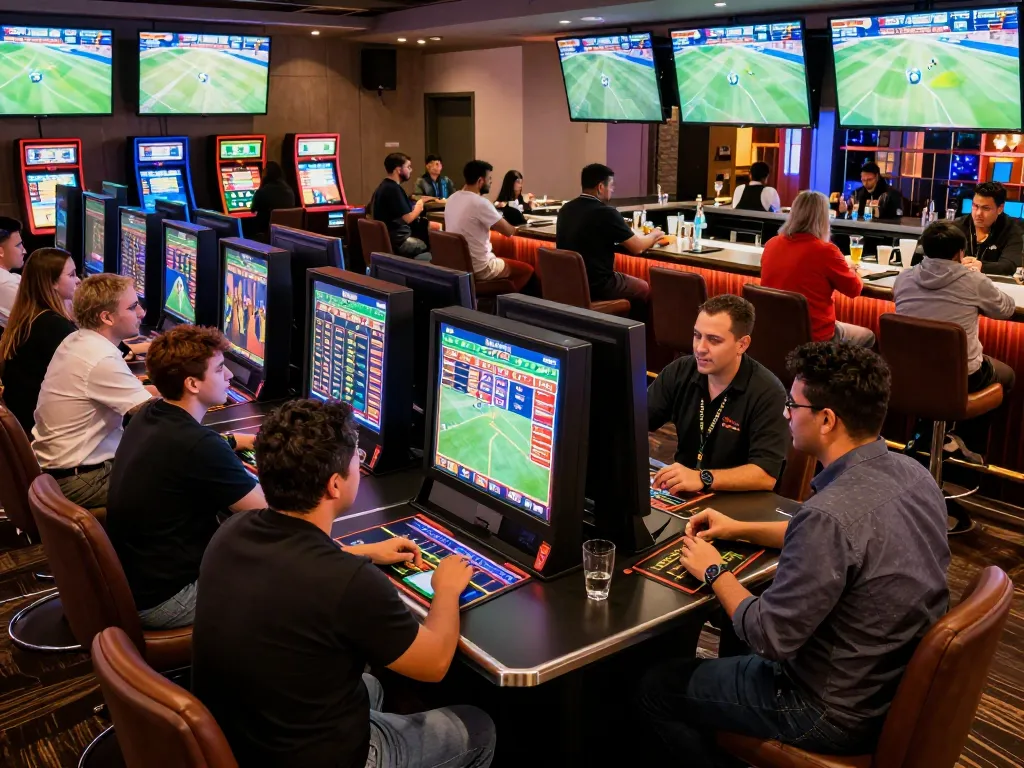 Betting enthusiasts analyze tỷ lệ kèo on screens during a lively sports betting event