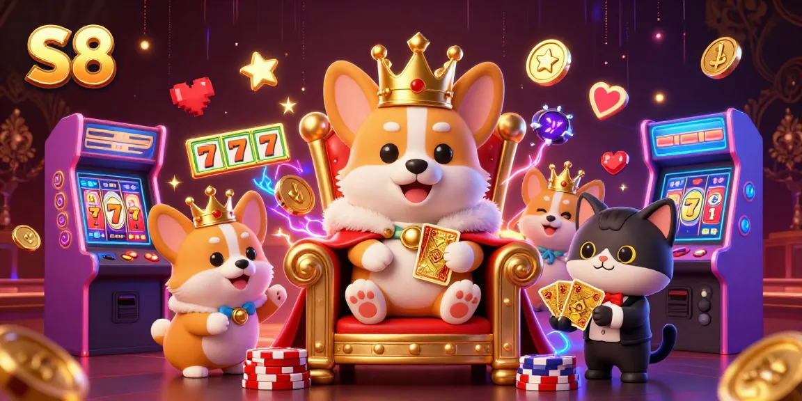 S8 offers a vibrant slot gaming experience with corgi royalty and neon casino excitement.
