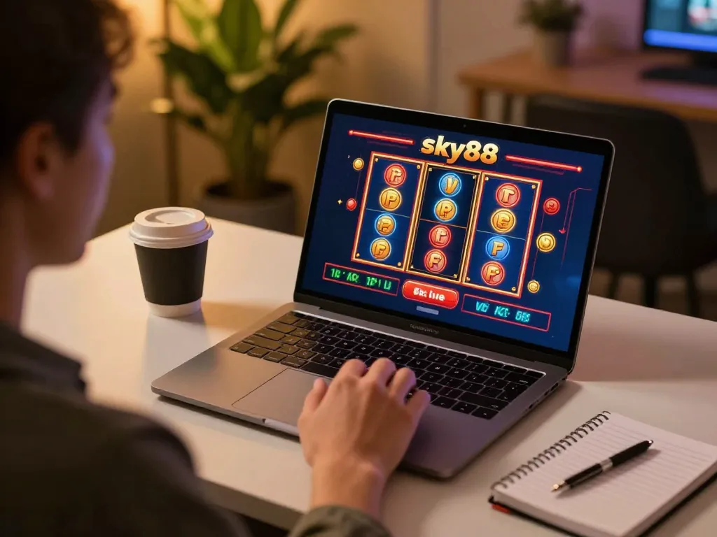 Player engaging with sky88 casino game on laptop, showcasing online gaming ambiance and strategy.