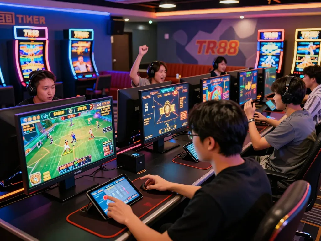 Dynamic TR88 online gaming scene with diverse players enjoying exciting games, showcasing a vibrant atmosphere.