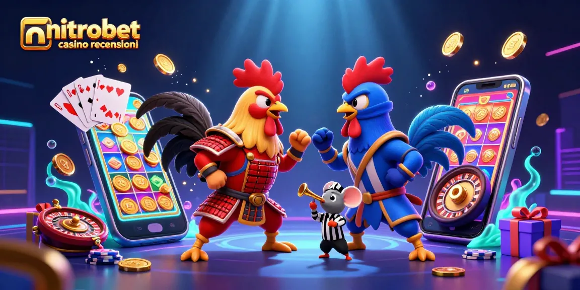 Scopri le recensioni di NitroBet Casino attraverso un'illustrazione animata di galli combattenti.
