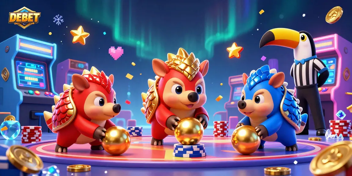 Experience the thrilling action of DEBET with rival pangolins bowling through casino chips in a vibrant 3D scene.