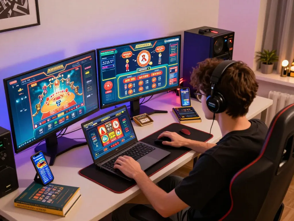 Player enjoying dynamic gameplay at 98win com with multiple casino games on screens, showcasing responsible gaming.
