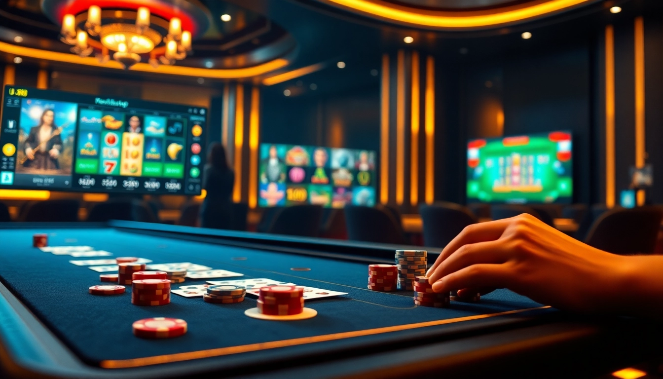 Players enjoying online gambling at UU88, featuring poker chips and casino elements.