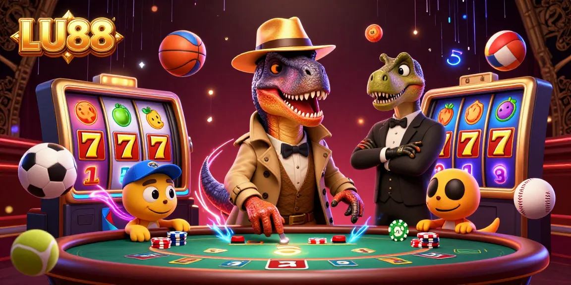 LU88 cartoon velociraptor card counter amidst a vibrant casino scene with spinning slot reels and dynamic sports elements.