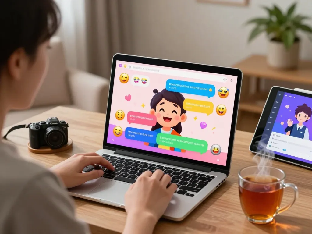 Person enjoying a crush on AI characters while chatting in a cozy digital environment.