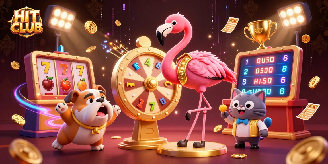 HIT CLUB prize wheel in action surrounded by slot elements and lively characters in a dynamic casino scene