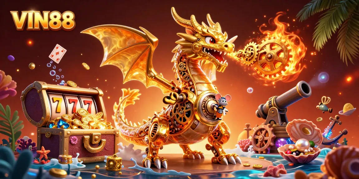 Spin the reels with VIN88, featuring a dragon bursting with treasures and vibrant casino elements.