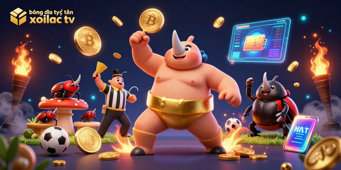 bóng đá trực tuyến xoilac tv showcases a vibrant sports betting scene with beetle champions and glowing coins.