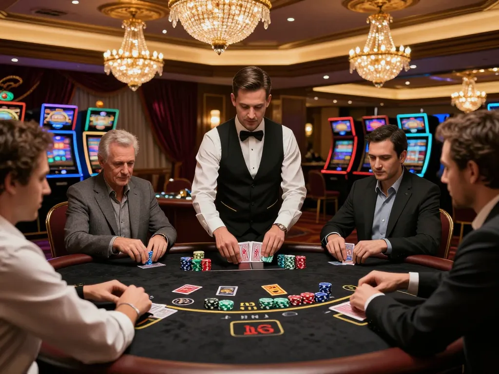 TR88 players strategizing in a vibrant Blackjack game at an elegant casino table