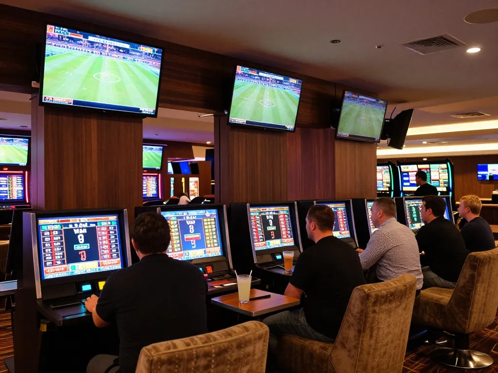 Patrons placing bets in an upscale casino sports lounge, showcasing the debet platform for real-time betting.