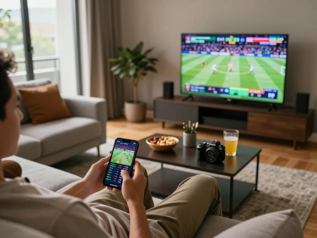 Person enjoying mobile betting on HITCLUB in a stylish apartment setting with snacks and drinks