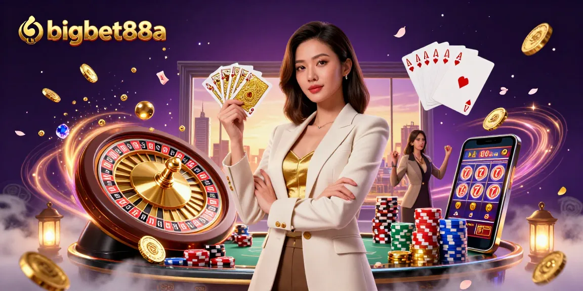 Engage in thrilling gaming at bigbet88a with a stylish Asian woman ready to deal cards, surrounded by casino elements.