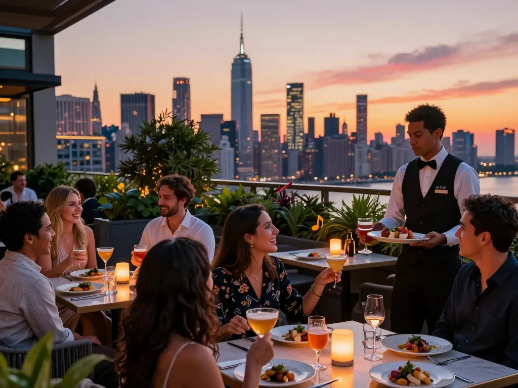 Guests enjoying elevated dining at Nohu rooftop bar with Manhattan skyline