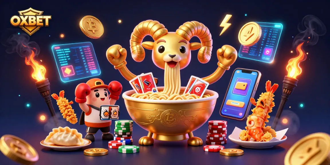 Engage with OXBET through vibrant 3D interactive casino scene featuring golden ramen bowl and crypto elements.