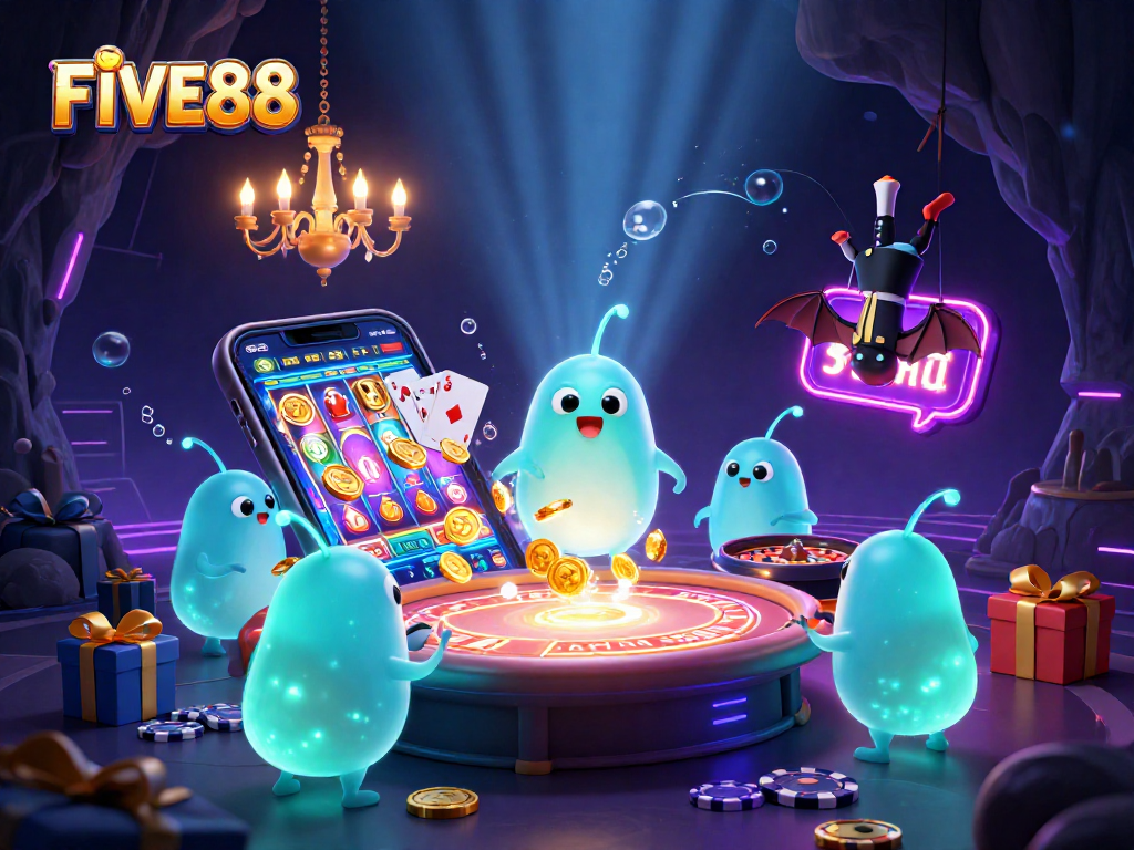 FIVE88 glowworms illuminate a vibrant cave casino scene with engaging gaming elements.