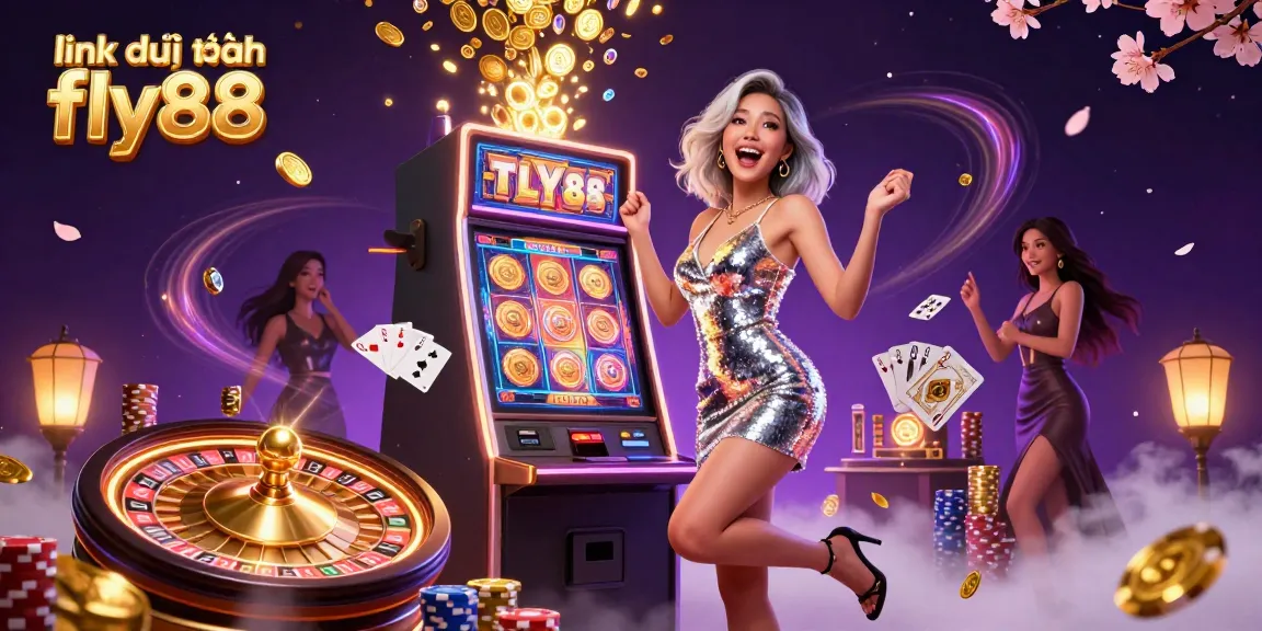 Engage with link dự phòng fly88 at a vibrant casino scene featuring a joyful Asian woman celebrating a slot jackpot amidst cascading coins and sparkling elements.