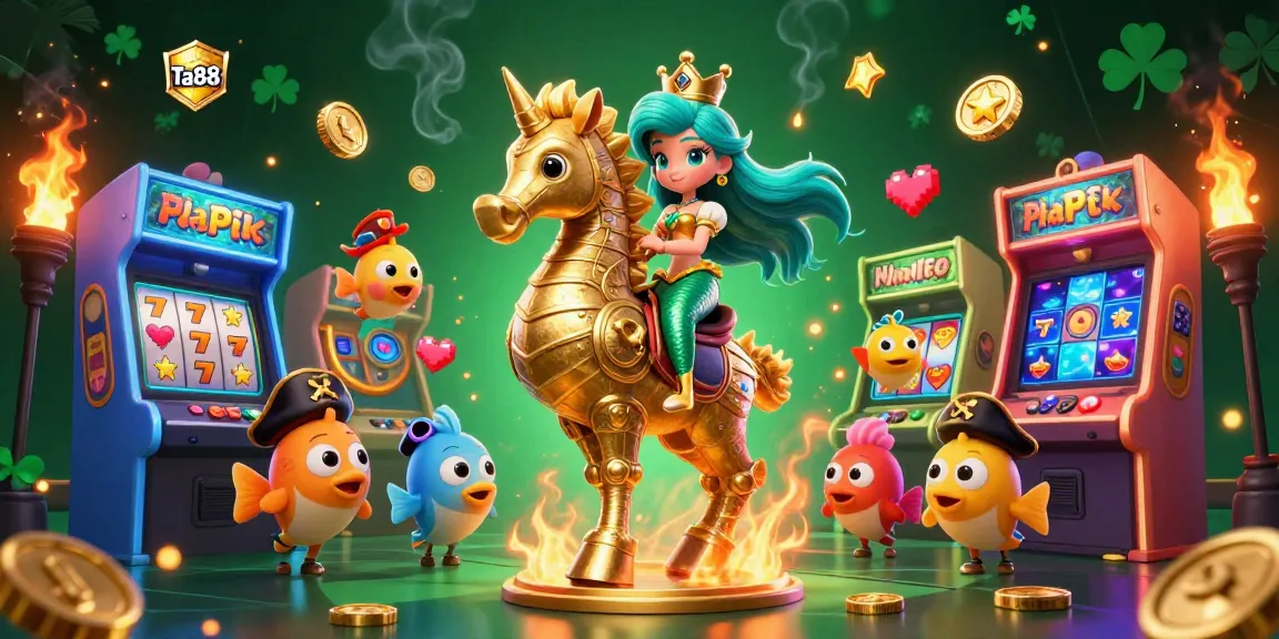 Engage in vibrant gaming action at Ta88 with a magical mermaid princess and a giant seahorse amidst dynamic casino elements.