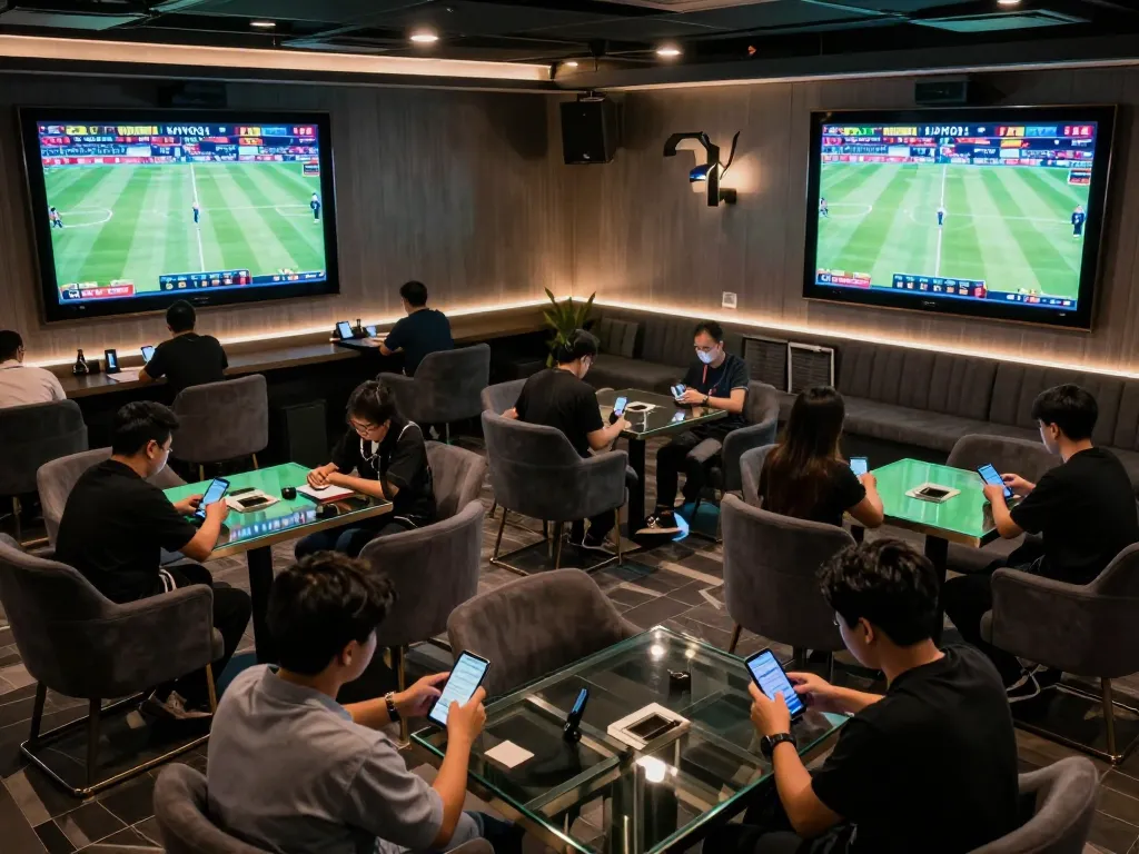 Engaged bettors using mobile devices for keo nha cai wagering in a stylish sports betting lounge