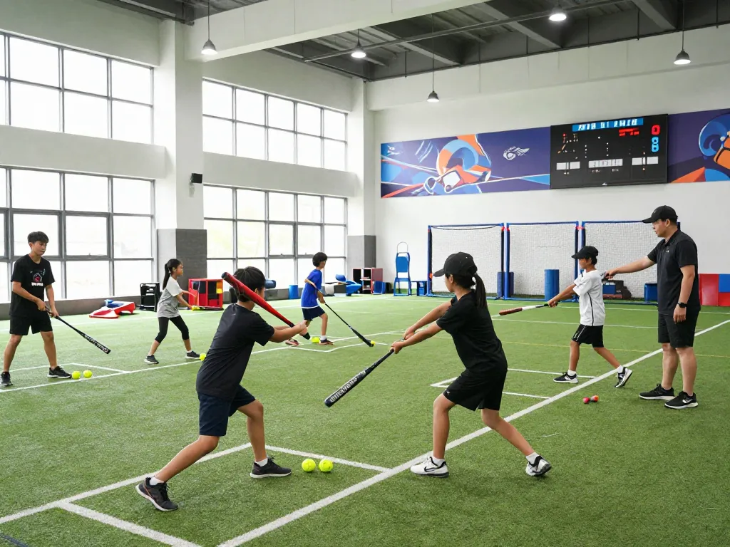 Young athletes practicing at hitclub training facility, showcasing energy and dedication in baseball training.