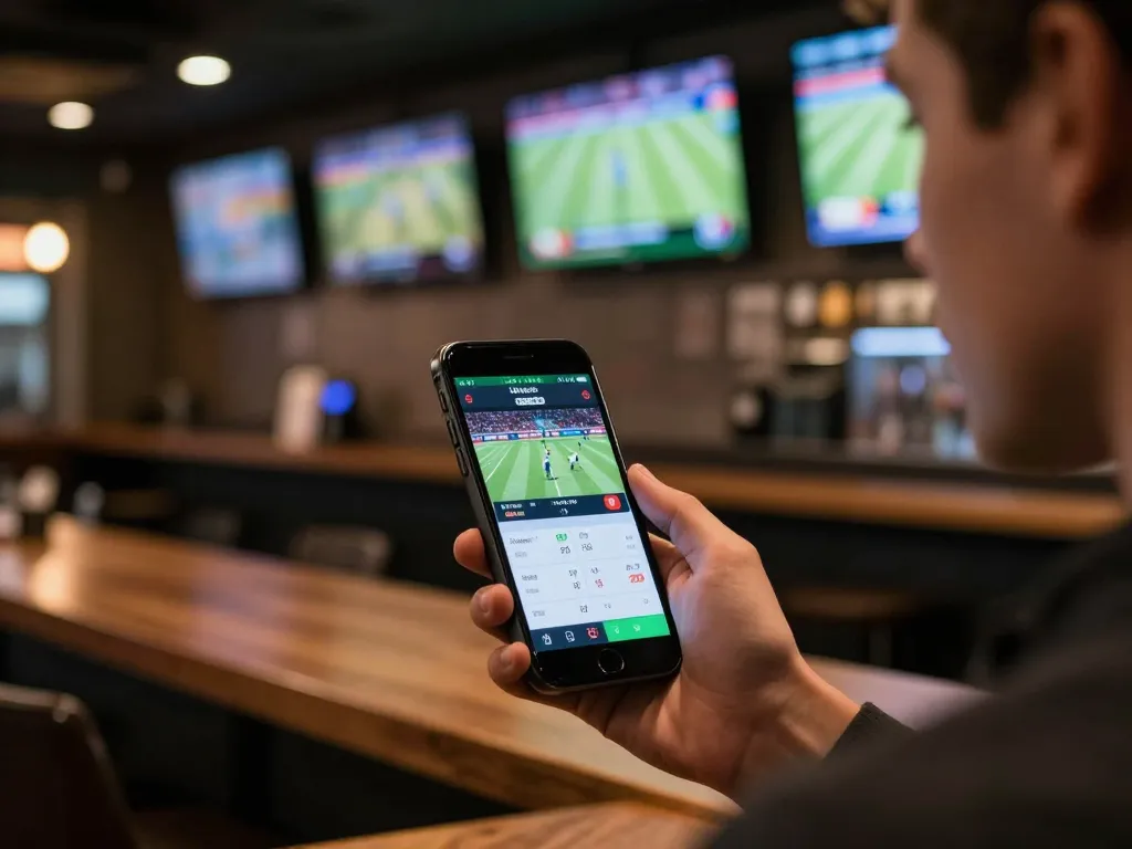 Bsport user engaging with live sports betting app, capturing real-time odds excitement in a vibrant sports bar