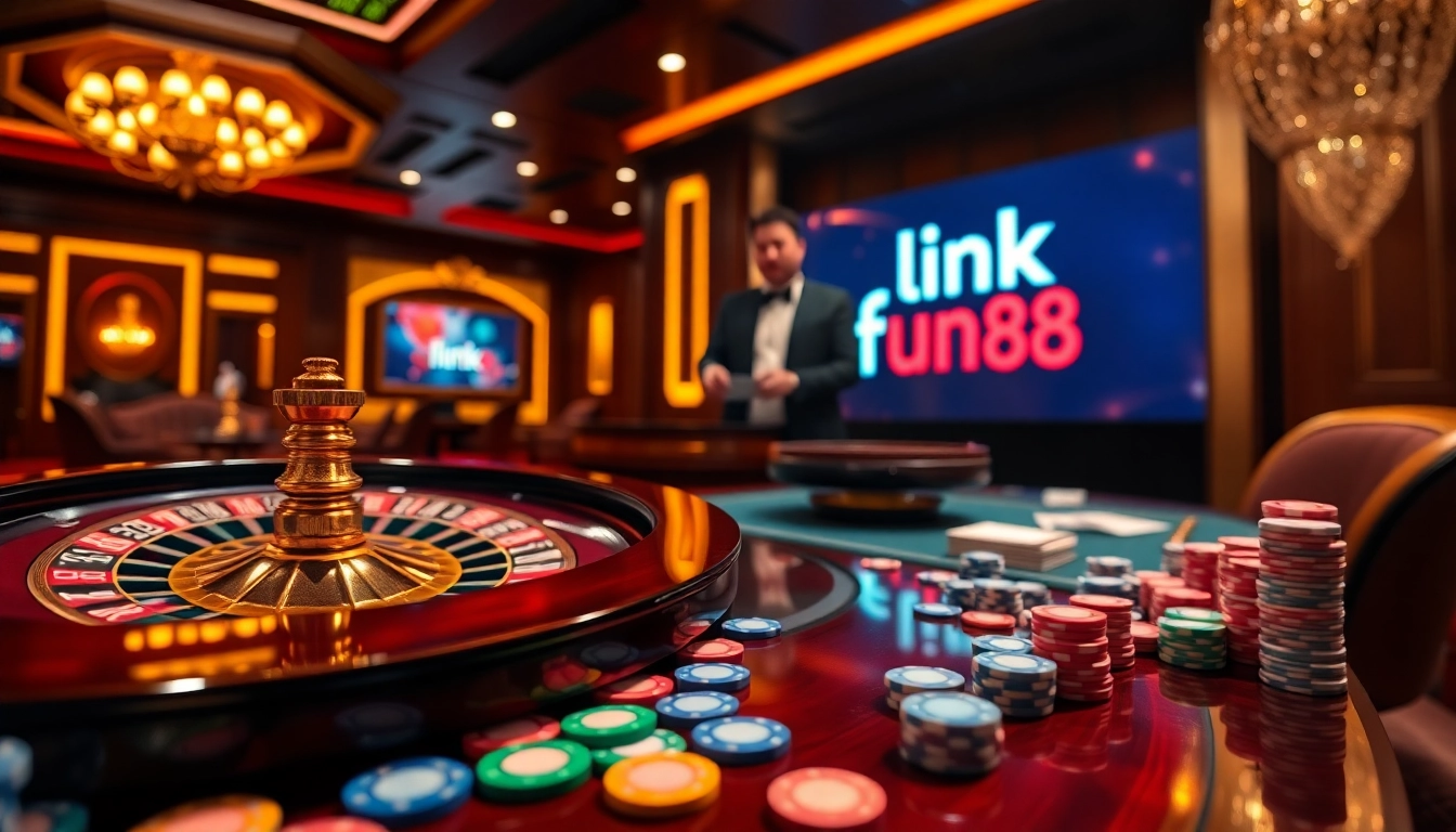 Engage with the link fun88 at a vibrant casino table featuring poker chips and a roulette wheel.