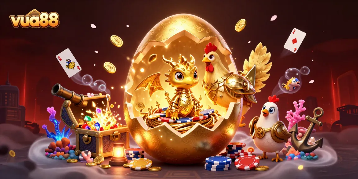 Experience thrilling gameplay with vua88's golden dragon and poker chips in a vibrant casino scene.