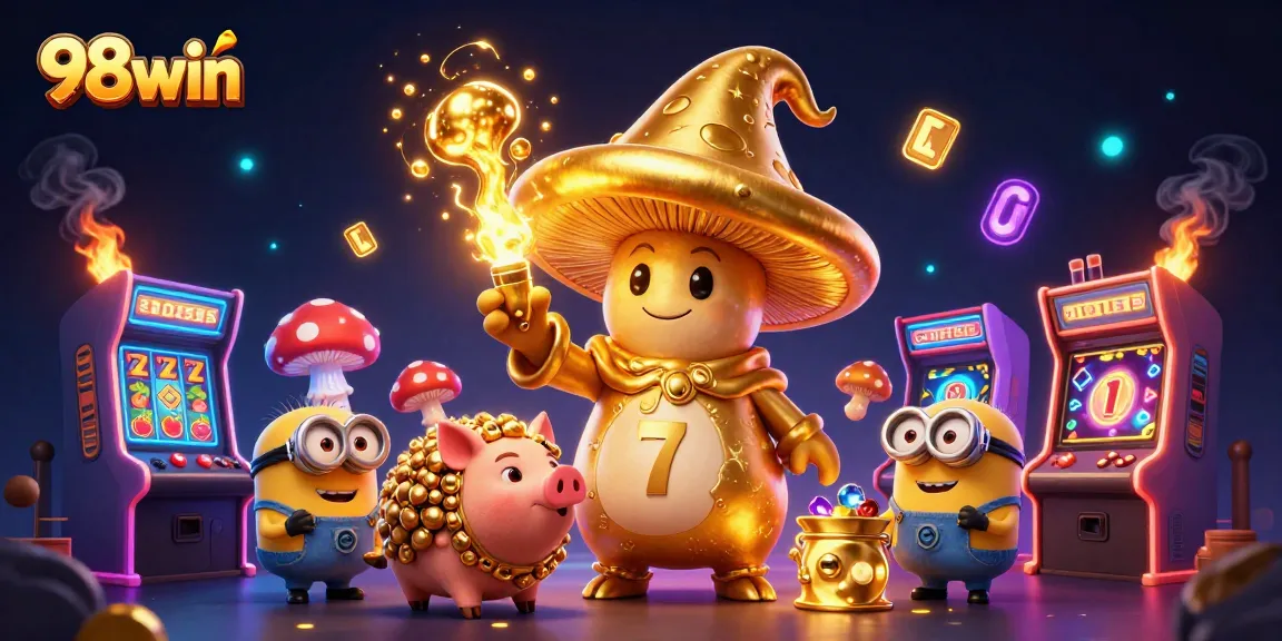 Engage with thrilling 98win gameplay featuring golden wizard, treasure, and arcade elements.