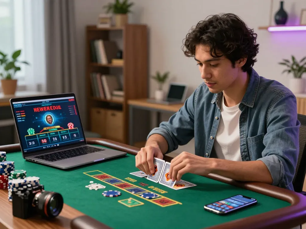 Player engaging in strategic gameplay on LC88 online casino with laptop and betting app.