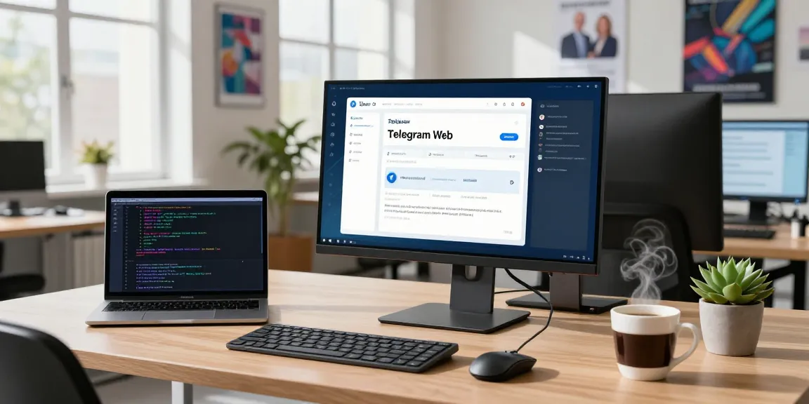 Using Telegram Web Version on high-resolution monitor in a modern workspace with coffee and tech decor.
