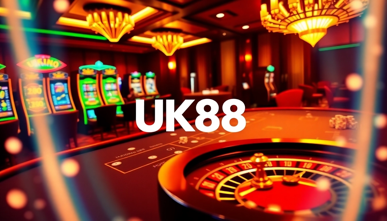 UK88 online gambling scene with poker table and exciting slot machines.