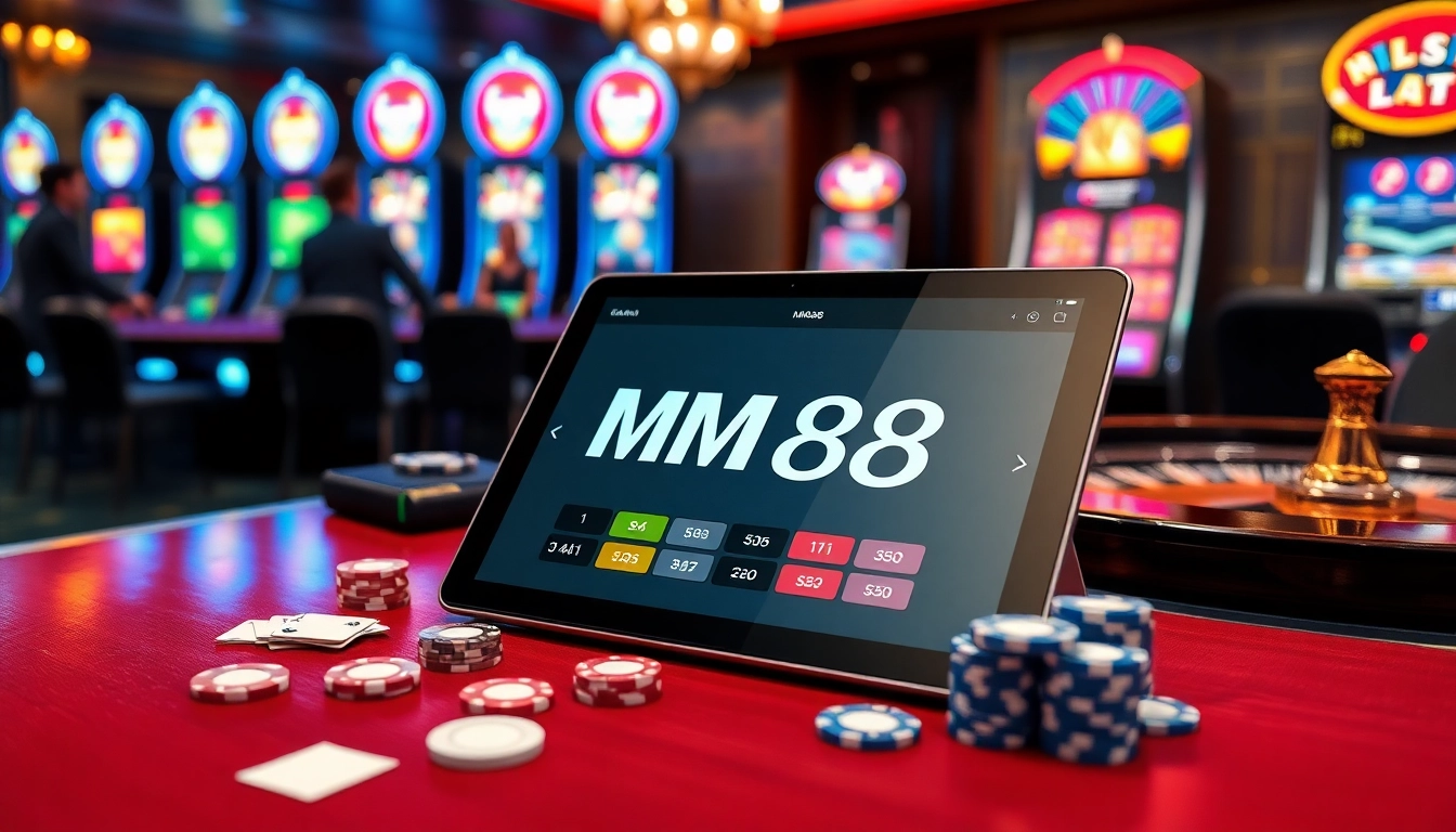 Experience the thrill of MM88 gambling with vibrant colors, cards, chips, and a roulette wheel.