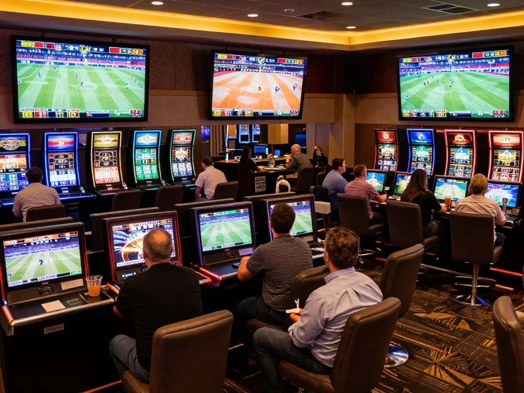 Experience thrilling sports betting at HM88 with patrons engaged and vibrant screens displaying live odds