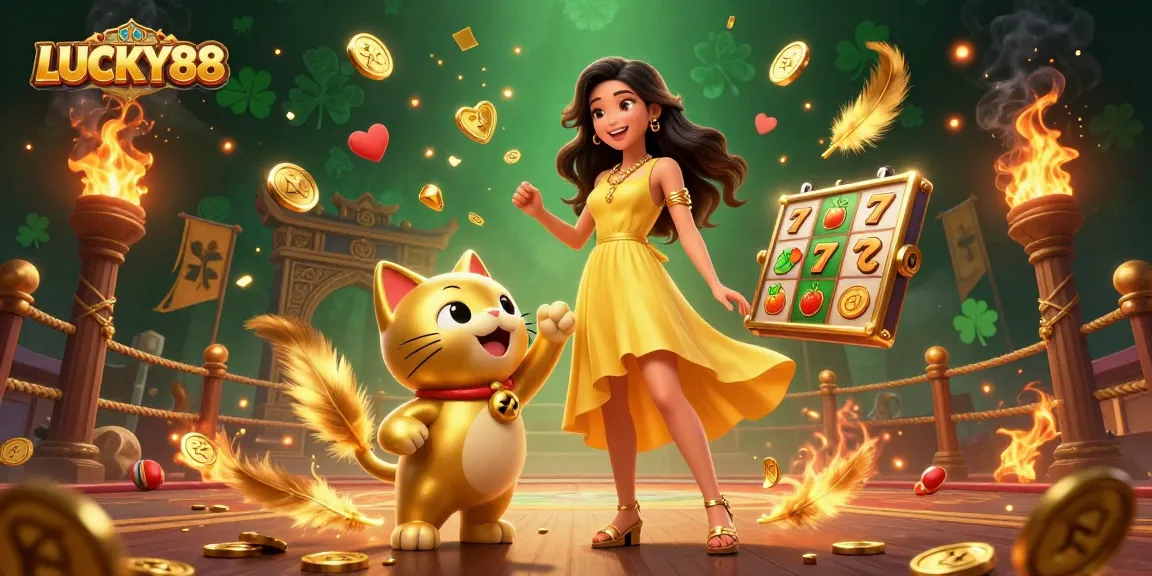 Experience the excitement of LUCKY88 slot machine with a joyful character and lucky cat.