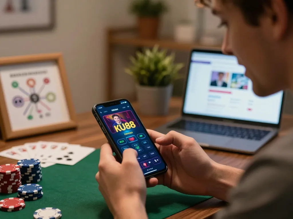 Gambler engaging with KU88 casino app on smartphone at home, focusing on strategic online betting.