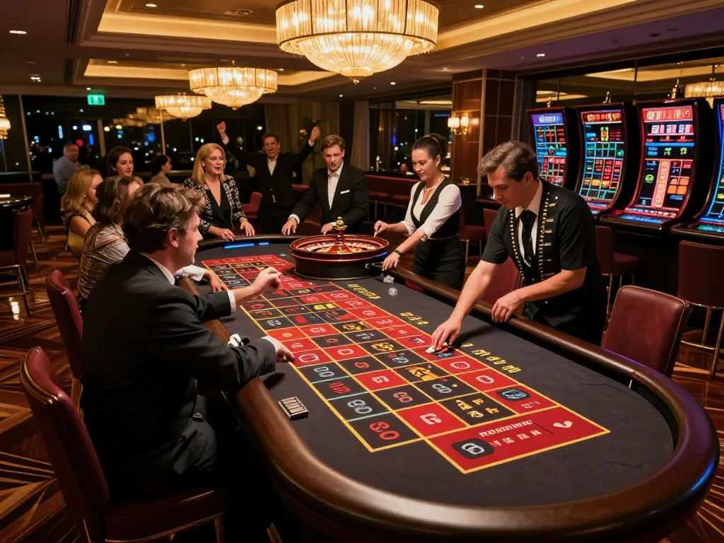 GO8 players are strategically placing bets at a luxurious roulette table in an upscale casino