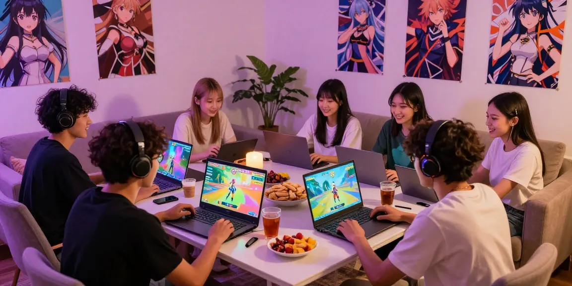 Engaging gamers enjoying a colorful hentai game experience in a cozy setting.
