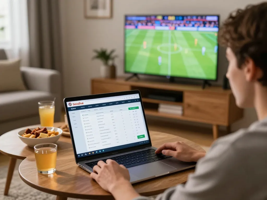 Socolive betting interface displayed on laptop during an exciting football match at home.