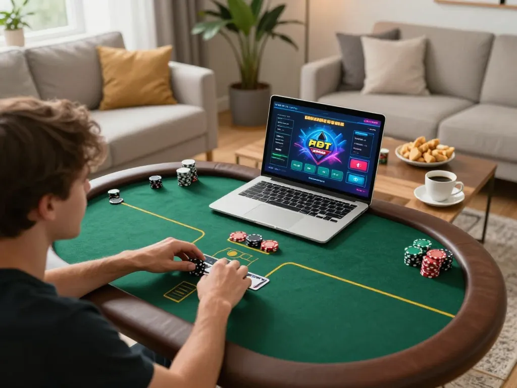 View of a poker game on laptop at home, showcasing strategic online gambling from https://www.dacsandatphanrang.com/ in cozy living space.