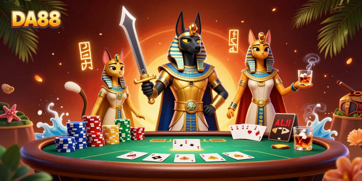 Engage in thrilling slots and poker action at DA88 with vibrant characters and casino elements.
