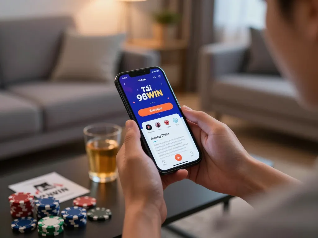 Tải App 98WIN on smartphone, highlighting engaging mobile gaming experience in a cozy setting.