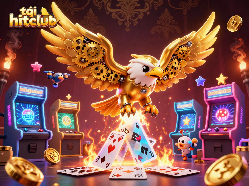 Experience tải hitclub with a vibrant online casino scene featuring a golden eagle and gaming elements.