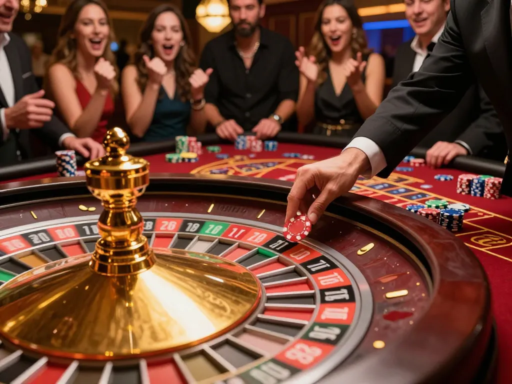 79king players engaging with a spinning roulette wheel, vibrant casino atmosphere