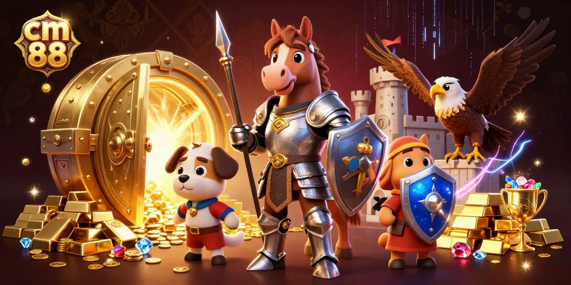 Bet on cm 88's thrilling casino adventures featuring knights and treasures in a dynamic scene.