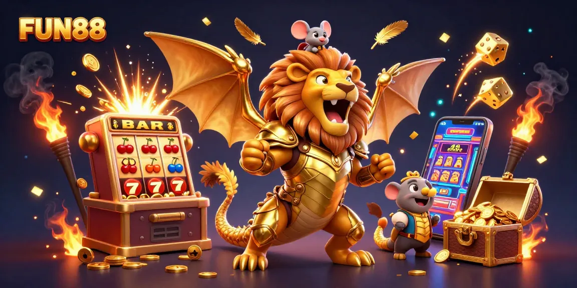 Experience thrilling jackpots with FUN88's vibrant 3D illustration of online casino elements.