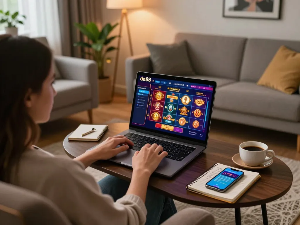 Player enjoying an engaging online gaming experience on the da88 platform from a cozy home setup.