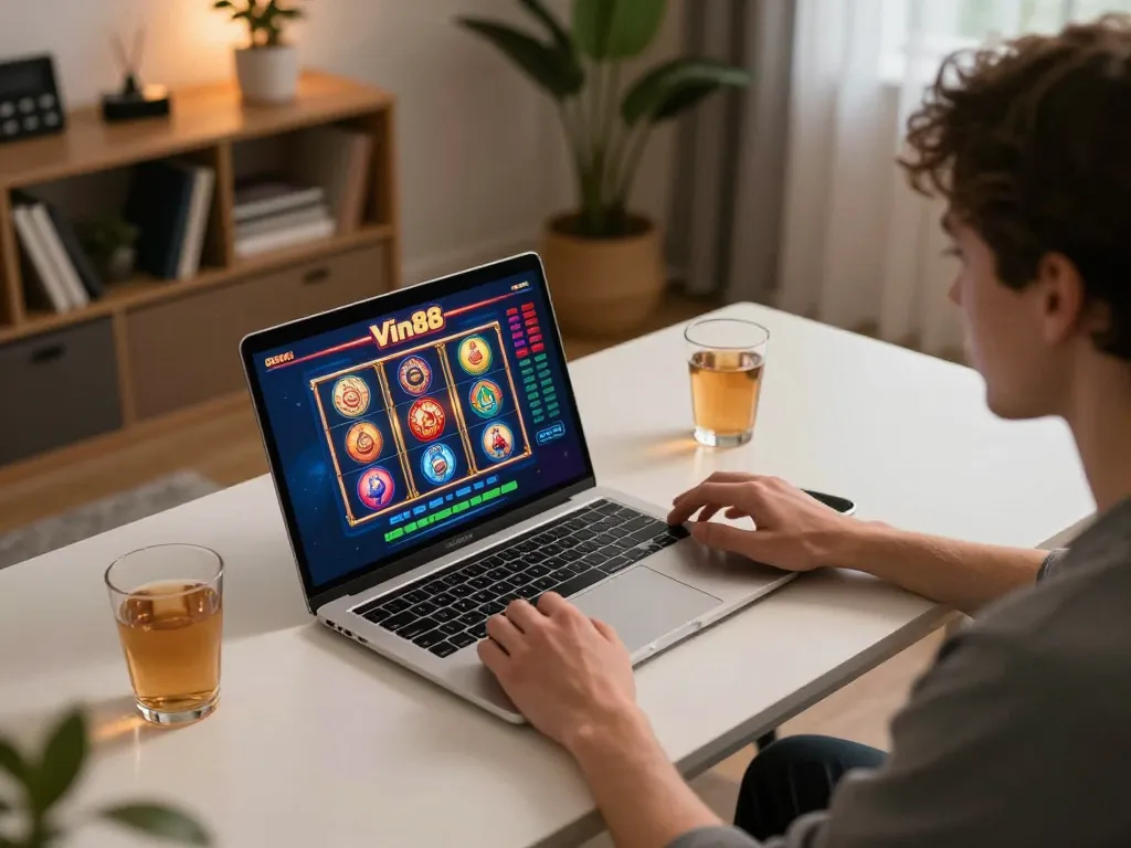 Player engages with Vin88 online casino on laptop, showcasing colorful slots in a cozy home setting.