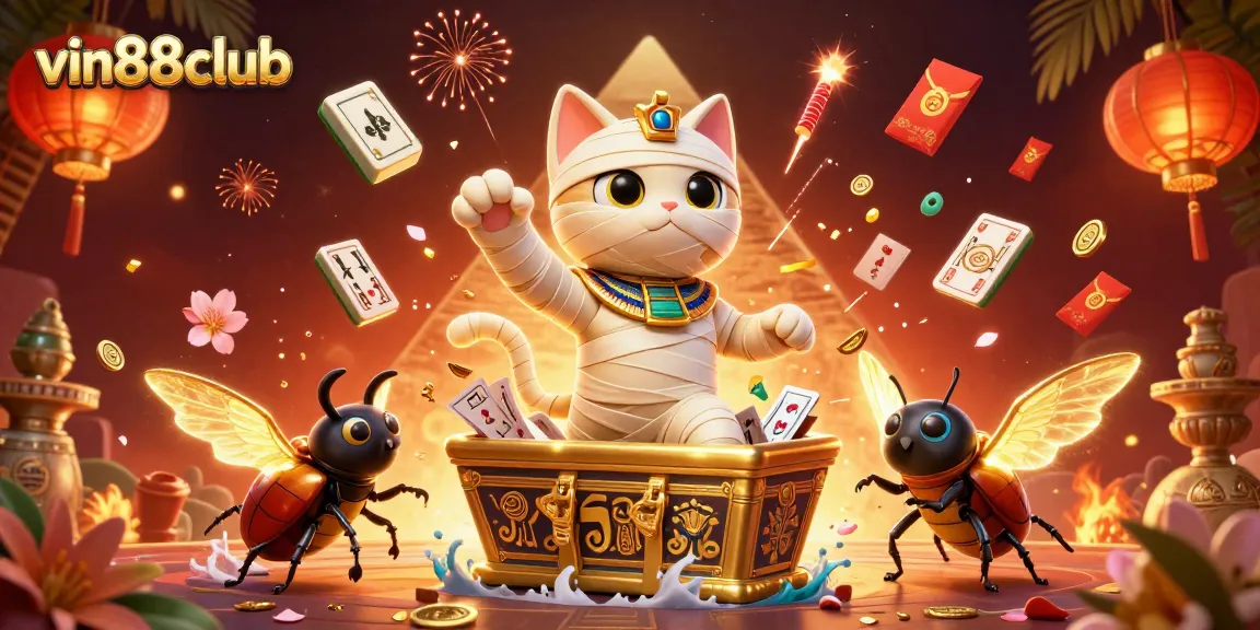 Experience the thrill of vin88club with an Egyptian mummy cat at a vibrant pyramid casino.